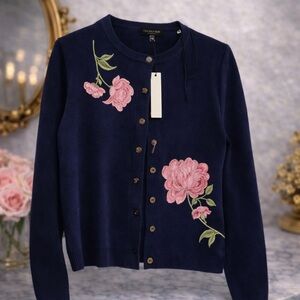 Ted Baker London Navy Floral Embroidered Cardigan Pink Roses NWT Size M
